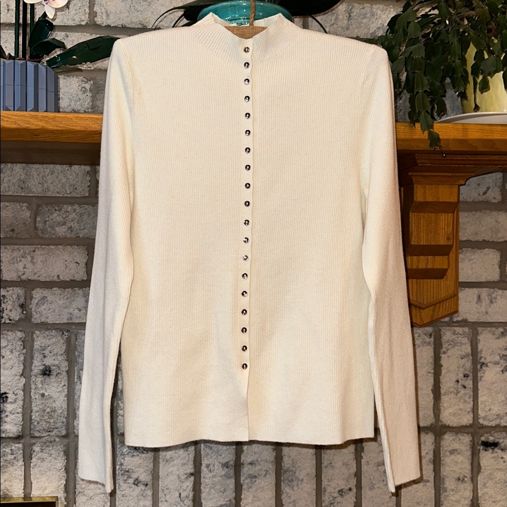 Mango XL Ivory Fine Knit Ribbed Mock Neck Mini Button Front Wool Blend Cardigan - Picture 7 of 16